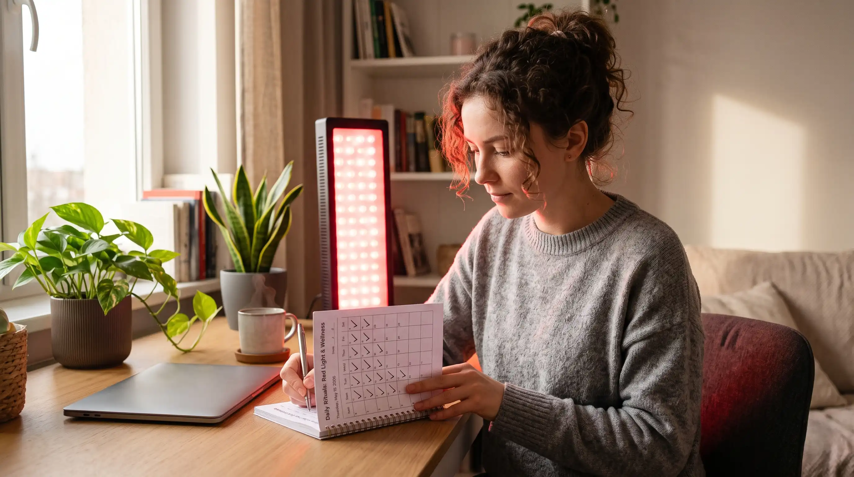 Person consistently using a red light therapy device as part of a documented daily routine, representing protocol adherence