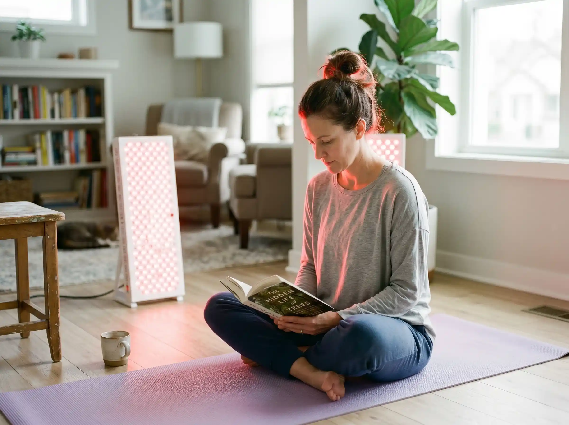 Person comfortably using a red light therapy panel at home in a normal, low-risk daily session