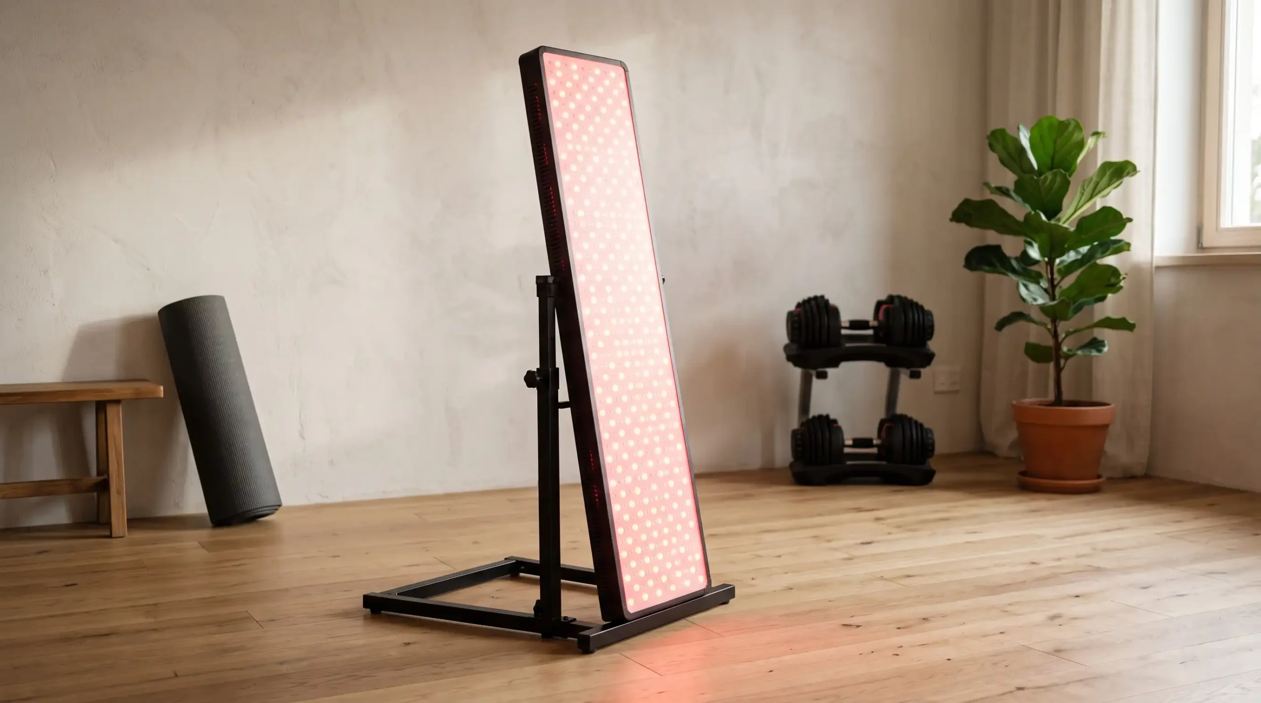 Full-body red light therapy panel in a home gym setting used for post-workout recovery protocol