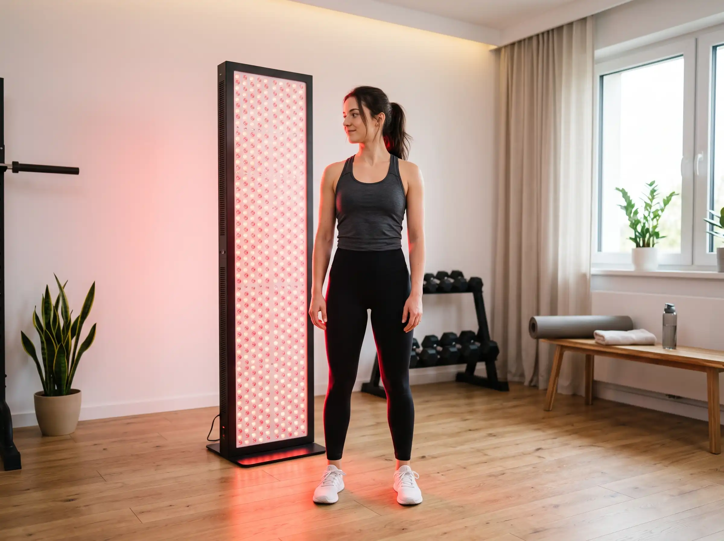 Person using a full-body red light therapy panel as part of a fitness and recovery routine supporting weight loss